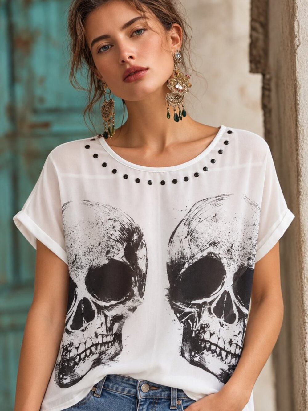 Edgy goth top w. skull graphic and metal studs